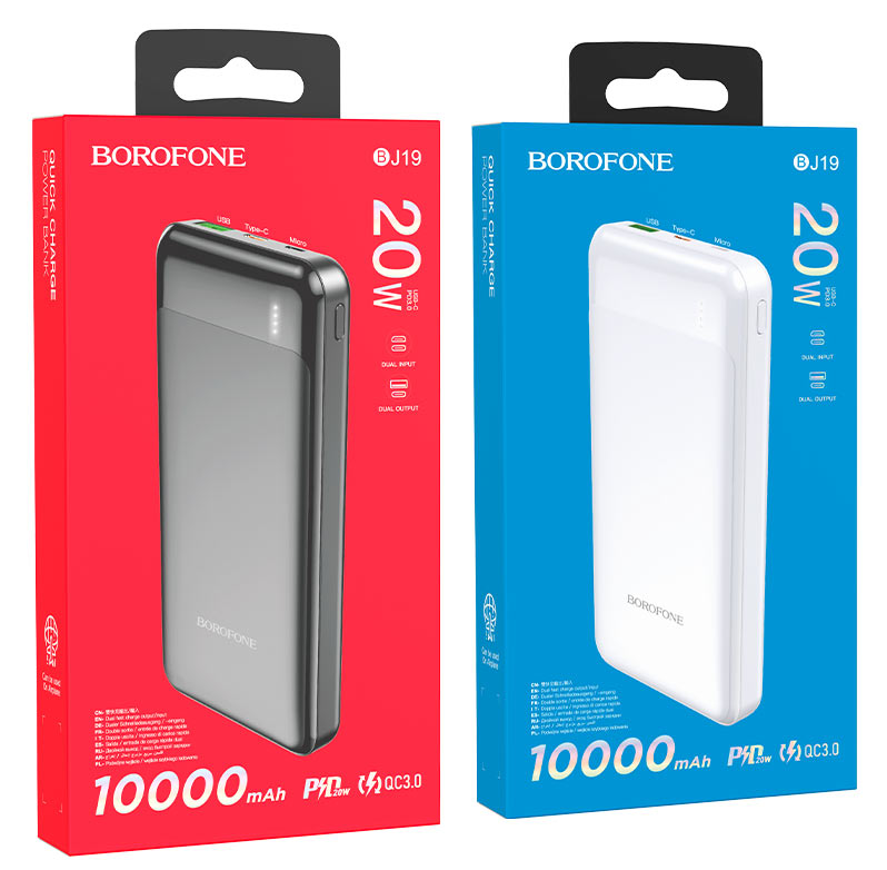 Внешний аккумулятор BOROFONE BJ19 10000 mAh 2 USB, micro USB, Type-C, PD, б/з