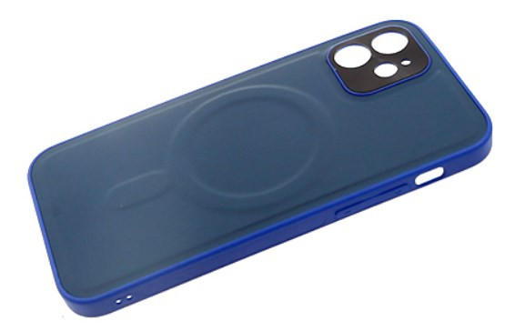Накладка для Apl IPh 12 PRO, Magsafe, под кожу, с защитой камеры, темно синий