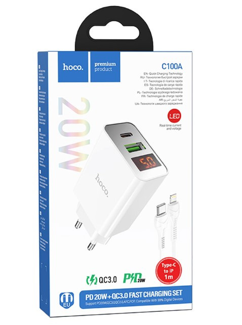 СЗУ HOCO C100A 3A  20w. 1USB с  кабелем Lightning на Type C