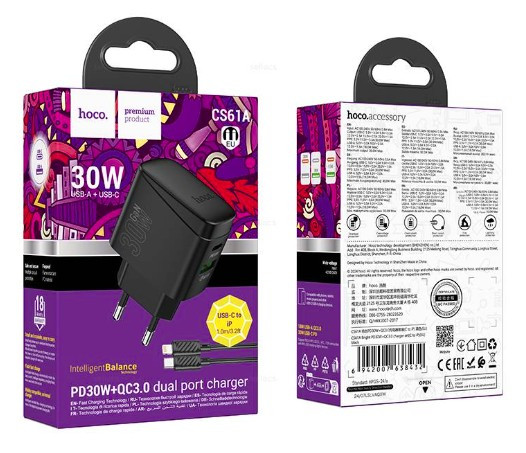 СЗУ Hoco CS61A 1USB C 1USB PD30W  QC3.0 кабель Lightning-Type-C
