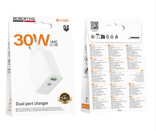 СЗУ BOROFONE BA108A Stellar 1USB 1USB C, 3A, 30W
