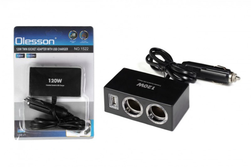 Переходник в прикуриватель (1522) на 2 ЗУ, 2USB, OLESS