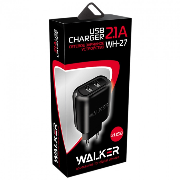 СЗУ WALKER WH-27. 2 USB (2,1А) блочок, черное