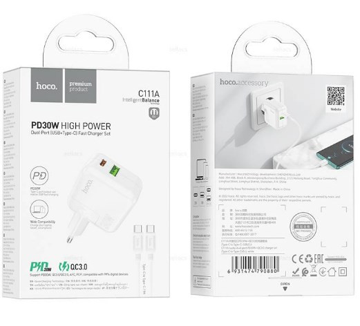 СЗУ HOCO C111A PD30W QC3.0 кабель Type-C на Type-C