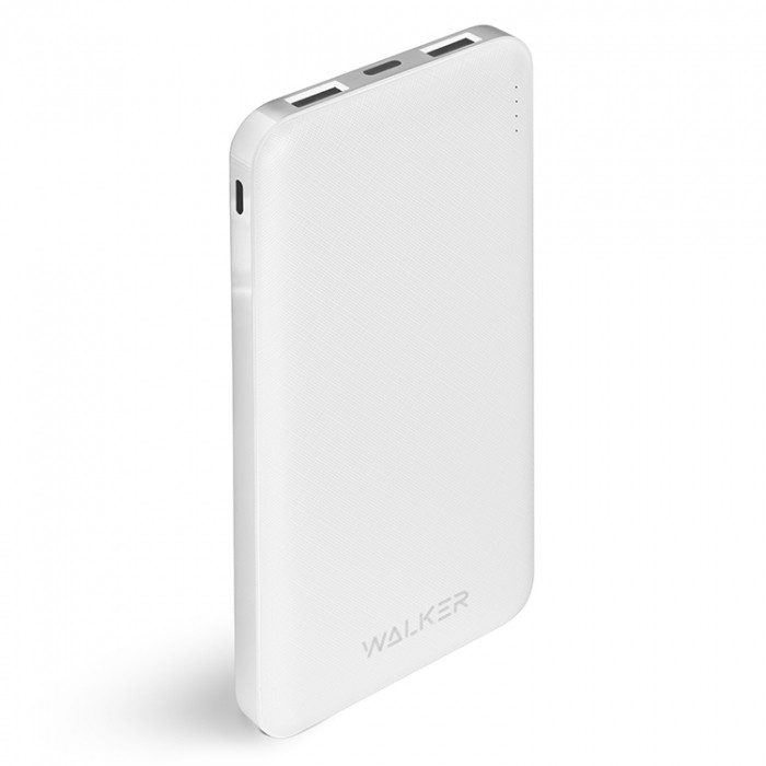 Внешний аккумулятор Walker WB-410, 10000 mAh, Li-Pol, 2.1A вх/вых, USBx2, microUSB, Type-C, пластик, белое