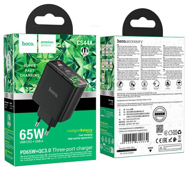 СЗУ HOCO  CS44A, 2 TYPE C  PD65W USB  QC3.0