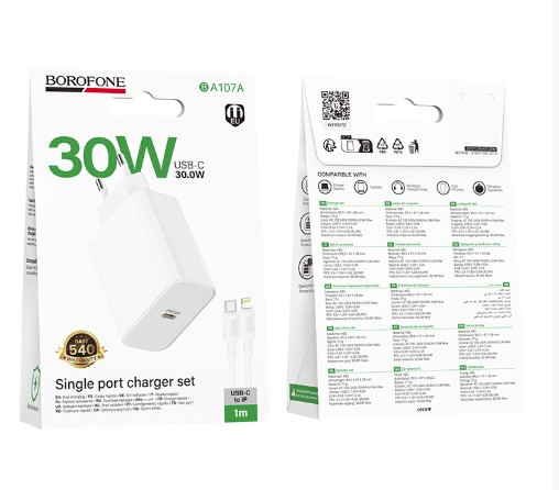 СЗУ BOROFONE  BA107A Stellar 1USB C с кабелем Type C  Lightning, 30W