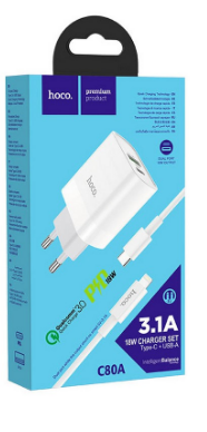 СЗУ HOCO C80A 3A 1USB с  кабелем Lightning на Type C