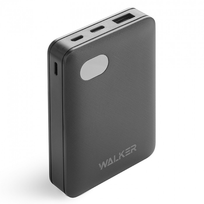 Внешний аккумулятор Walker WB-311, 10000 mAh, Li-Pol, 2.1A вх/вых, Type-C, Lightning, дисплей, пластик,чер