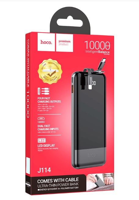 Внешний аккумулятор HOCO J114 Charger, встроенный кабель Lightning, Type-C, MircoUSB, 2A, 10000  mAh