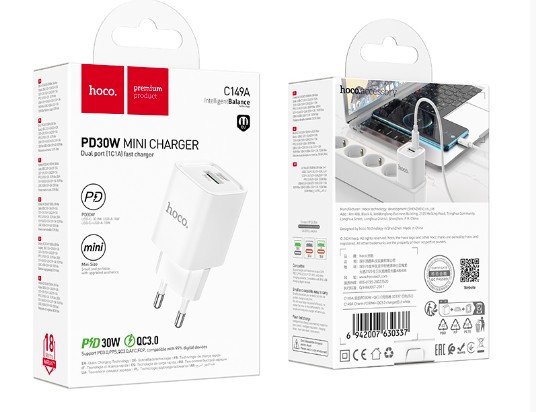 СЗУ HOCO C149A Charm 1USB, 1USB-C, 3A, 30W