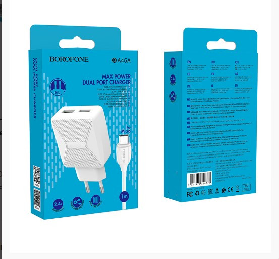 СЗУ BOROFONE BA45A Max, 2USB 2.4A с кабелем micro