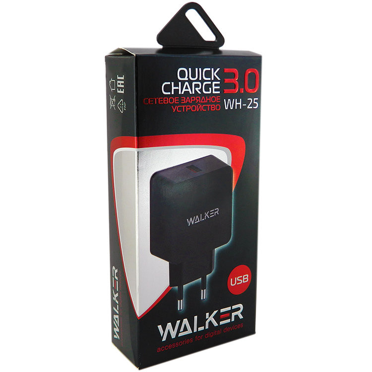 СЗУ WALKER WH-25 USB разъем (2,4А) блочок, быстрый заряд QC 3.0 черное