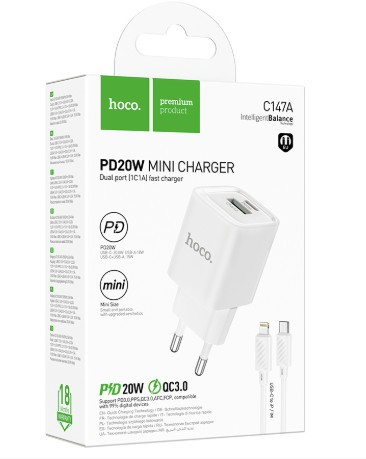 СЗУ HOCO C147A, 1USB C 1USB PD20W Type C на Lightning 1м