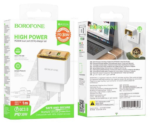 СЗУ BOROFONE BAS32A PD30w 3.0A 1USB  кабель TYPE C на TYPE C