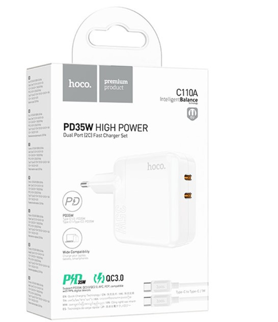 СЗУ HOCO C110A Lucky 2xUSB-C с Кабелем Type-C - Type-C, 3A, 35W
