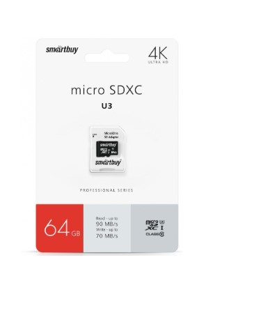 Карта памяти 64Gb MicroSDXC SmartBuy PRO U3, 90/60 MB/s, Class 10 с адаптером