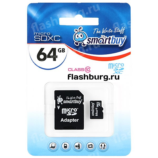 Карта памяти 64Gb MicroSDXC SmartBuy Class 10 с адаптером