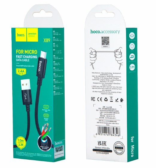 USB кабель для Micro HOCO X89, 2.4A, 1м