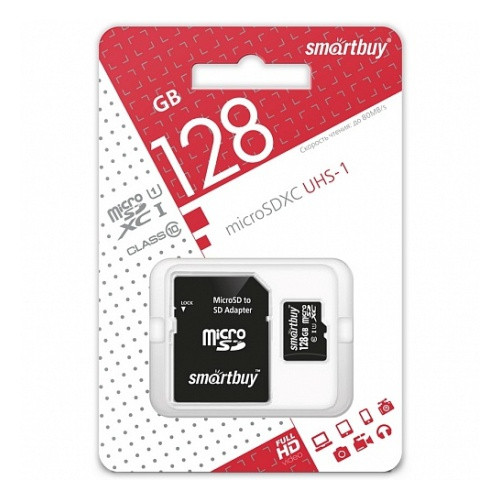 Карта памяти 128Gb MicroSD SmartBuy Class 10 с адаптером