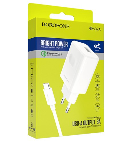 СЗУ BOROFONE BA32A Bright power 1USB. 3A, 18W, с кабелнм Type C
