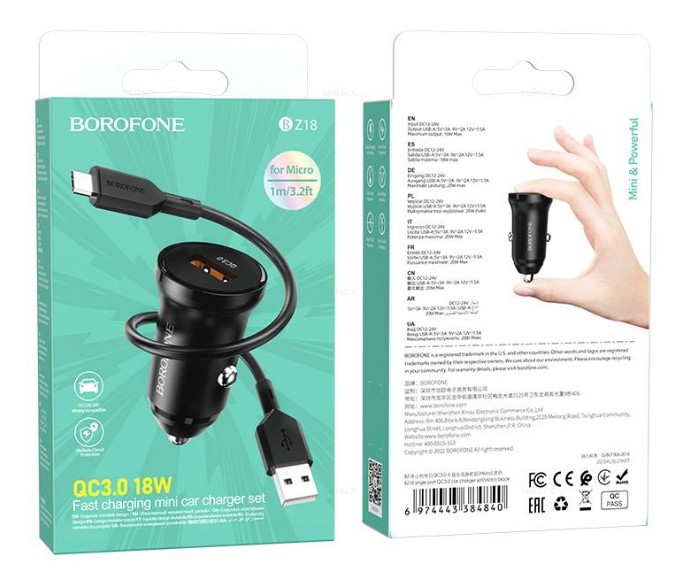 АЗУ BOROFONE BZ18, 18W 1USB 3.0 кабель Micro