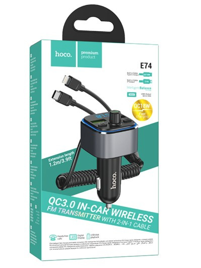 FM-модулятор BLUETOOTH HOCO E74. Energy, 2USB с кабелем Type Cна Lightning, 3A, 18W,