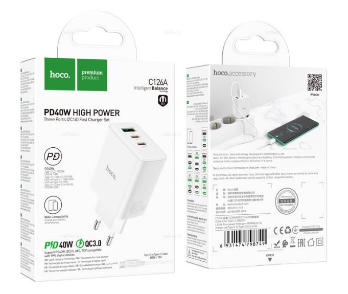 СЗУ Hoco C126A 40W PD QC3.0 с кабелем Type C  на Type C
