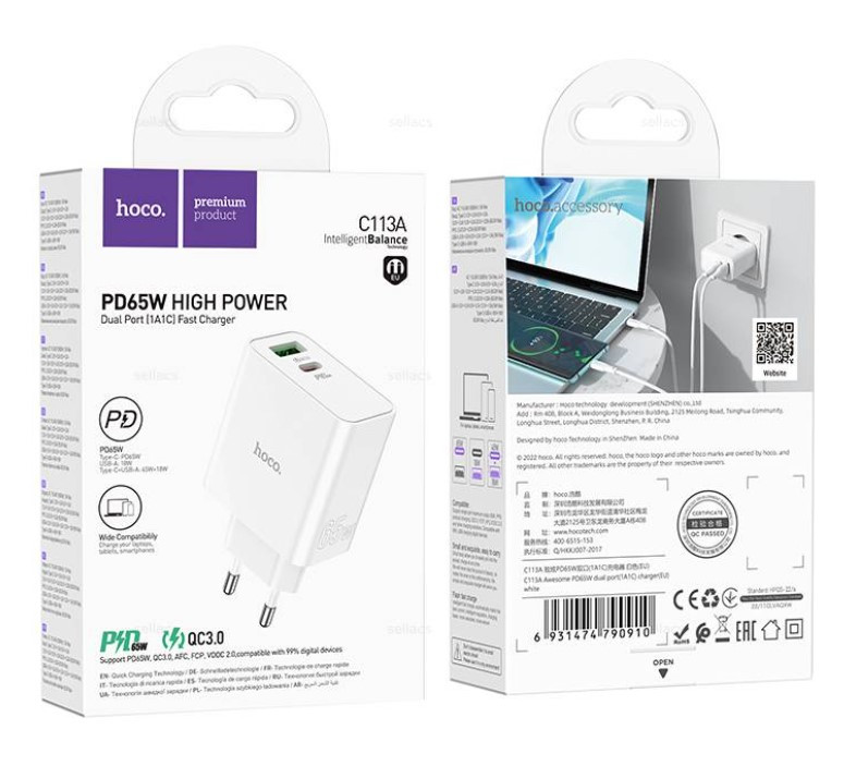 СЗУ HOCO C113A, Awesome, 65W, 1 USB Type C, 1 USB, QC3.0, PD65W