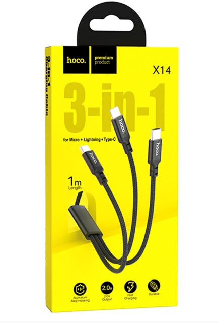 USB кабель HOCO X14 Times speed 3 в 1 USB, Type-C, Lightning  MicroUSB, 2А, 1 м