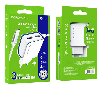 СЗУ BOROFONE BA35A 2.1A 2USB кабель TYPE-C