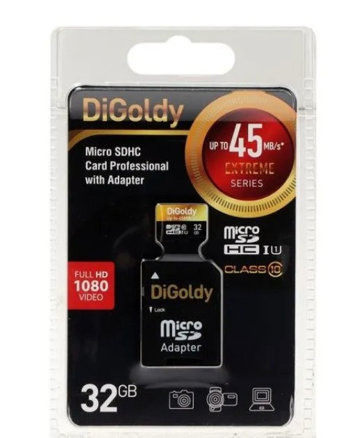 Карта памяти 32Gb microSDHC DiGoldy Class10 Extreme SD 45 MB/s, с адаптером SD