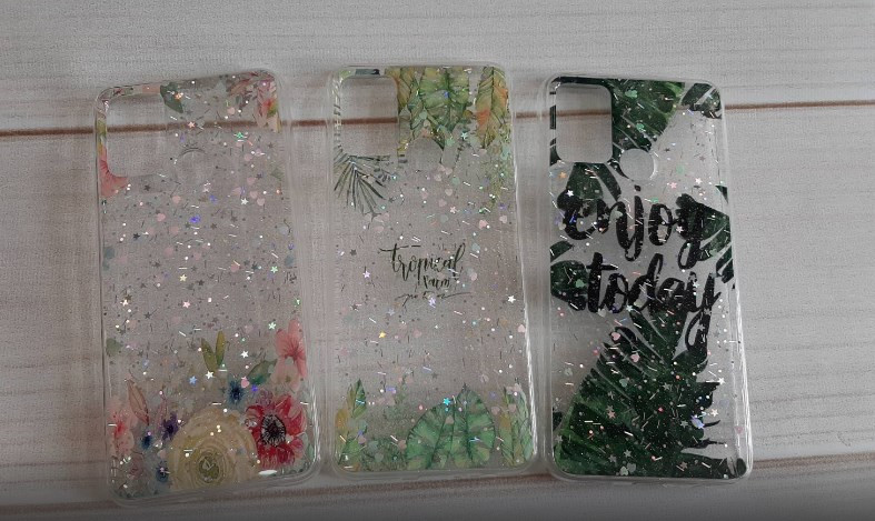 Накладка для SAMSUNG A415F A41, блестки сердечки, листья