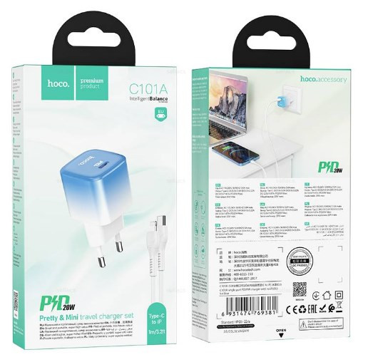 СЗУ HOCO C101A 20W PD + QC3.0 1USB с кабелем lighting на Type C