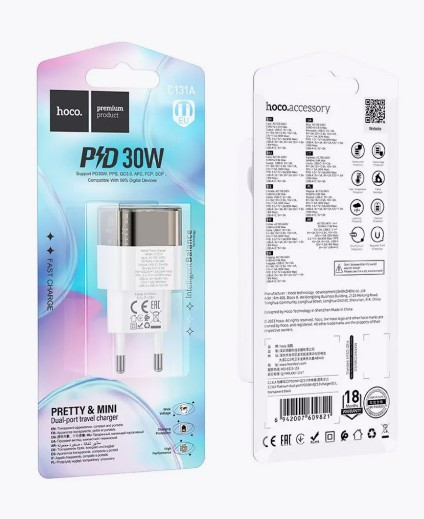 СЗУ HOCO C131A 1USB C, 1USB PD30w 3,0