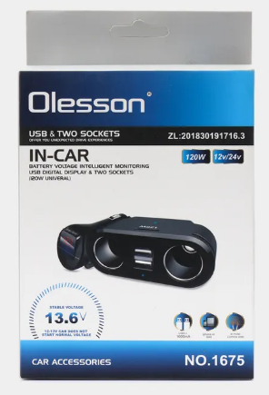 Переходник в прикуриватель (1675) на 2 ЗУ, 2 USB, Olesson