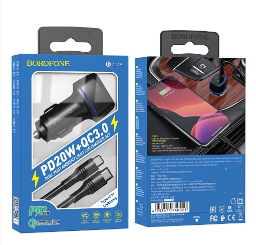 АЗУ BOROFONE BZ14A Mercury. USB+USB-C, кабель Type-C-Lightning, 3A