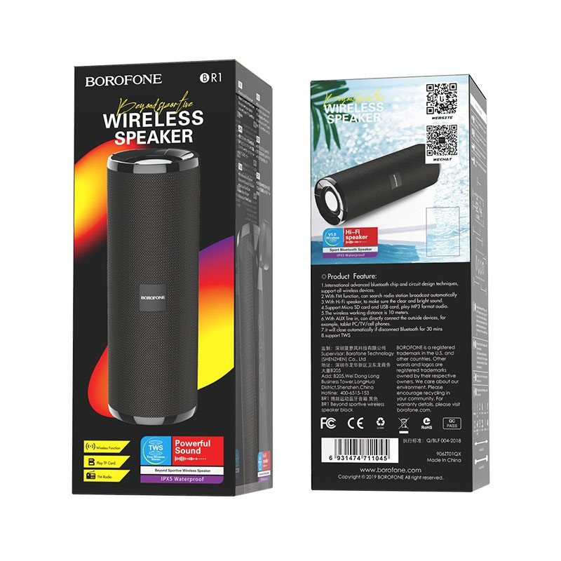 Колонка BOROFONE BR1 Beyong sport Bluetooth+USB+FM+аккумулятор+Power Bank, черный