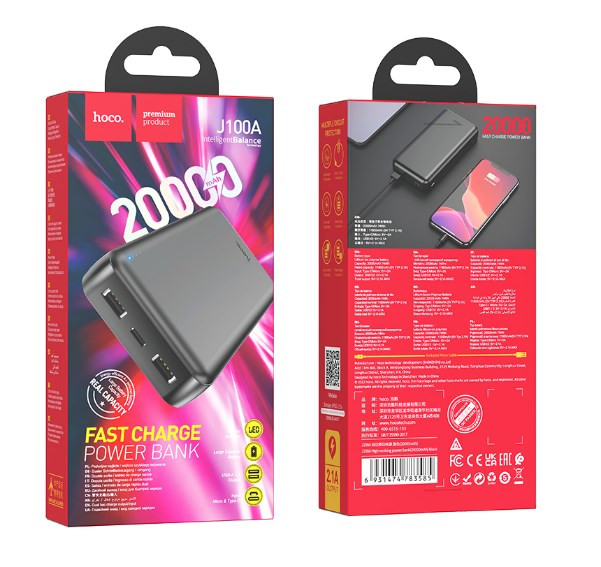 Внешний аккумулятор HOCO J100A, 20000mAh, 2USB, 2.1A, , micro USB, Type-C