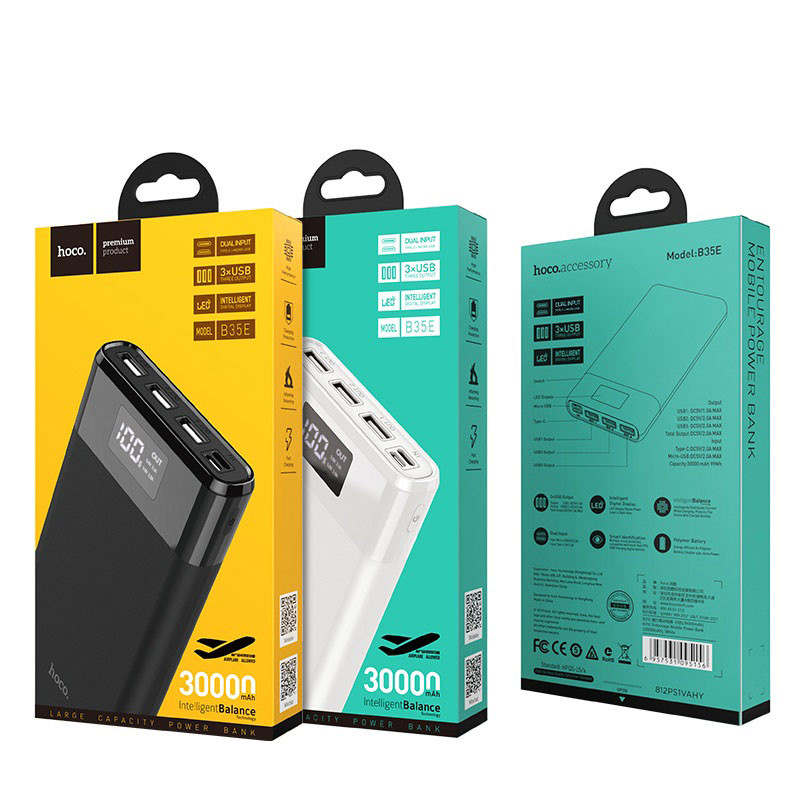 Внешний аккумулятор HOCO B35E, Entourage, 30000mAh, пластик, 3 USB выхода, дисплей, 2.0A