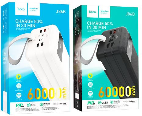 Внешний аккумулятор HOCO J86B 60000 mAh 4USB,micro USB, iPh,Type-C,PD,б/з+фонарик