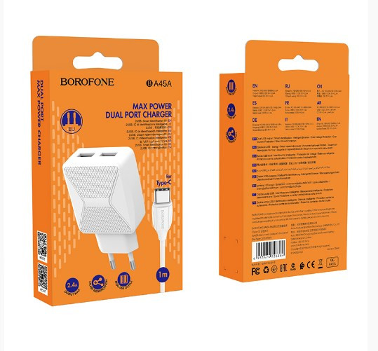 СЗУ BOROFONE BA45A Max, 2USB 2.4A кабель TYPE-C