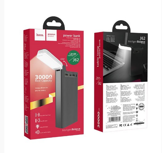 Внешний аккумулятор HOCO J62, 30000 mAh  выходы 3 USB, micro USB, Type-C с подсветкой