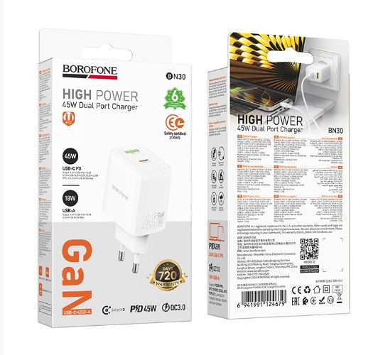 СЗУ BOROFONE BN30 Cargador 1USB 1USB-C, 45W