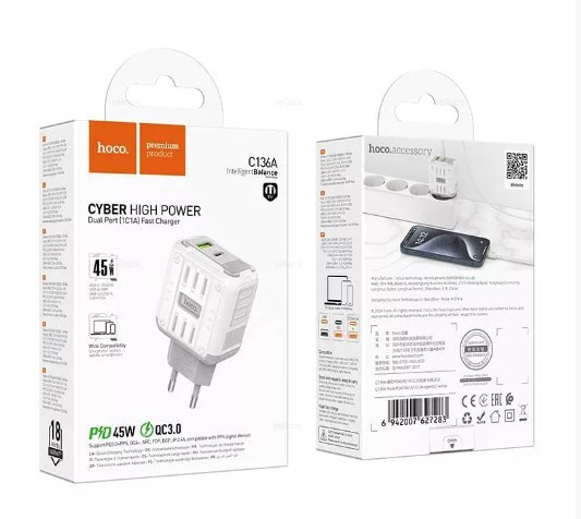 СЗУ HOCO C136, Rock PD 45W QC3.0 Type-C USB C USB 3A