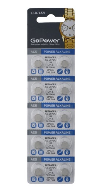Батарейка GoPower G5/LR754/LR48/393A/193 BL10 Alkaline 1.55V