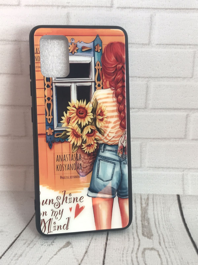 Накладка для Samsung A515F A51, Стекло, девушка с подсолнухами