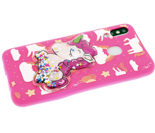 Силикон для SAMSUNG A105F A10, M105F M10, Единорожек, жидкие блестки, малиновый