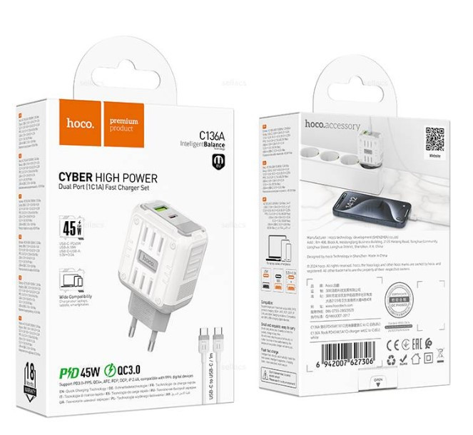СЗУ Hoco C136A PD45W TYPE C с USB QC3.0 с кабелем Lightning на Type C