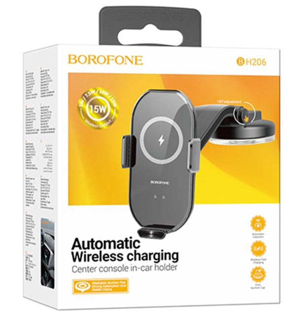Автодержатель BOROFONE BH206 Rusher infrared, зажимной с беспроводной зарядкой, 15W, на приборную па